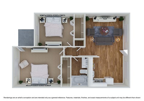 Floor plan for 2 beds, 1 bath, 980 sqft
